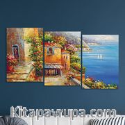 Full Frame 3 Parçalı Ahşap Poster - Basamaklı Yerleşim - Liman Manzarası Yunanistan (FF-BY048)
