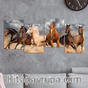 Full Frame 4 Parçalı Ahşap Poster - Basamaklı Yerleşim - Çöl Atları (FF-BY062)