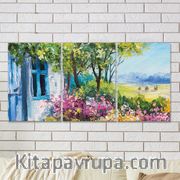 Full Frame 3 Parçalı Ahşap Poster - Hizalı Yerleşim - Mavi Pencere (FF-HY043)