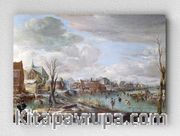 Full Frame pratiCanvas Tablo - Aert van der Neer - A Frozen River near a Village, with Golfers and Skaters (FF-PCŞ193)
