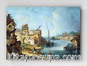 Full Frame pratiCanvas Tablo - Michele Marieschi - Buildings and Figures near a River with Shipping (FF-PCŞ283)