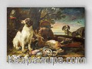 Full Frame pratiCanvas Tablo - David de Coninck - Dead Birds and Game with Gun Dogs and a Little Owl (FF-PCŞ209)