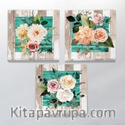 Full Frame Duvar Sanatları - CanvasWall Kare - Retro Masada Karışık Güller - Üçlü Set (FF-W179)