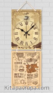 Full Frame Duvar Sanatları - Nostaljik Ahşap Duvar Saati - Its Time For Coffee  - İkili Set (FF-NS197)
