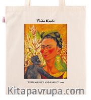 Askılı Bez Çanta - Ressamlar - Frida Kahlo - With Monkey And Parrot 1942
