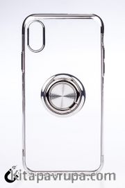 Telefon Kılıfı - Apple iPhone X ve XS - Yüzüklü Şeffaf - Gümüş (TŞY-007)