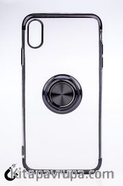 Telefon Kılıfı - Apple iPhone XS Max - Yüzüklü Şeffaf - Siyah (TŞY-008)