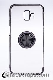 Telefon Kılıfı - Samsung Galaxy J6  - Yüzüklü Şeffaf - Siyah (TŞY-022)